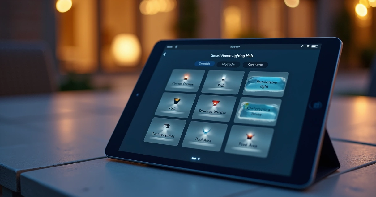 Smart home lighting hub interface controlling outdoor lights 