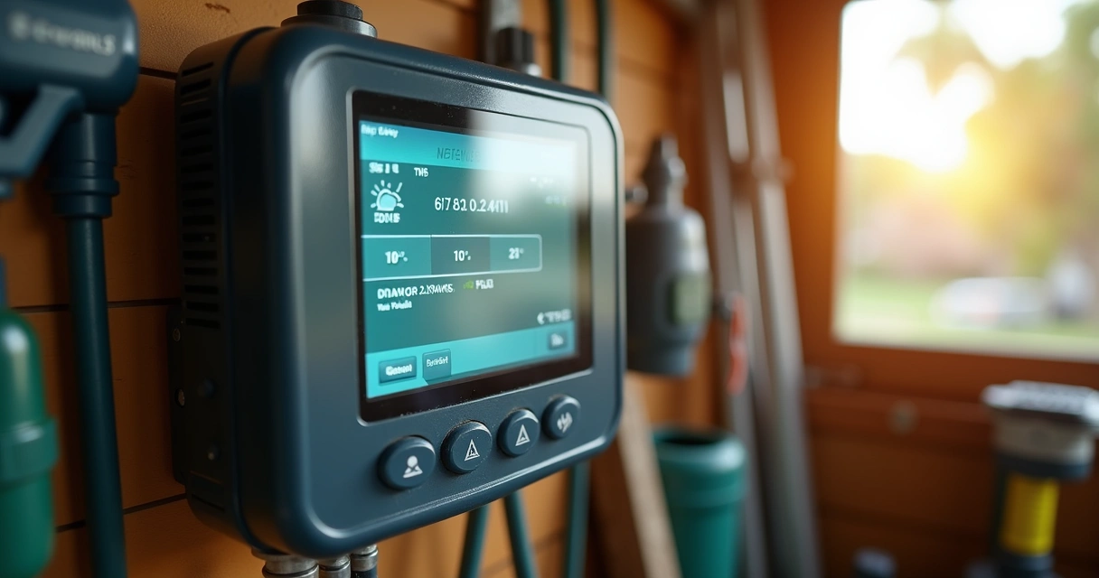 Close-up of smart irrigation controller with digital display 