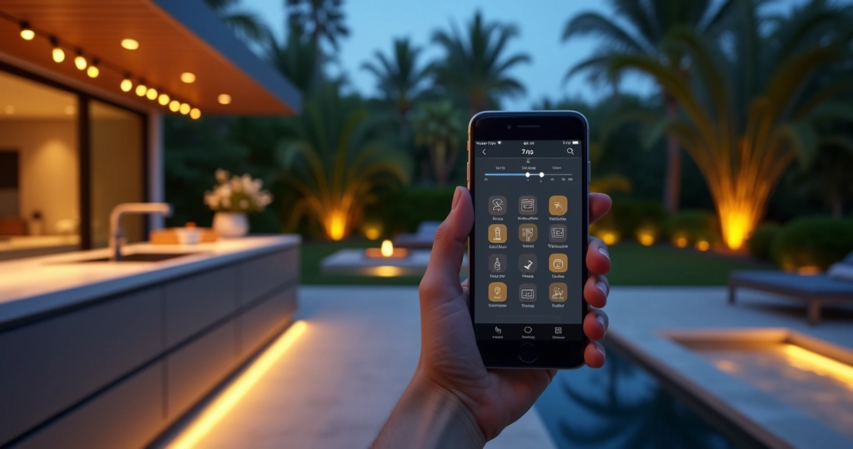 Person using mobile app to adjust outdoor kitchen lights 