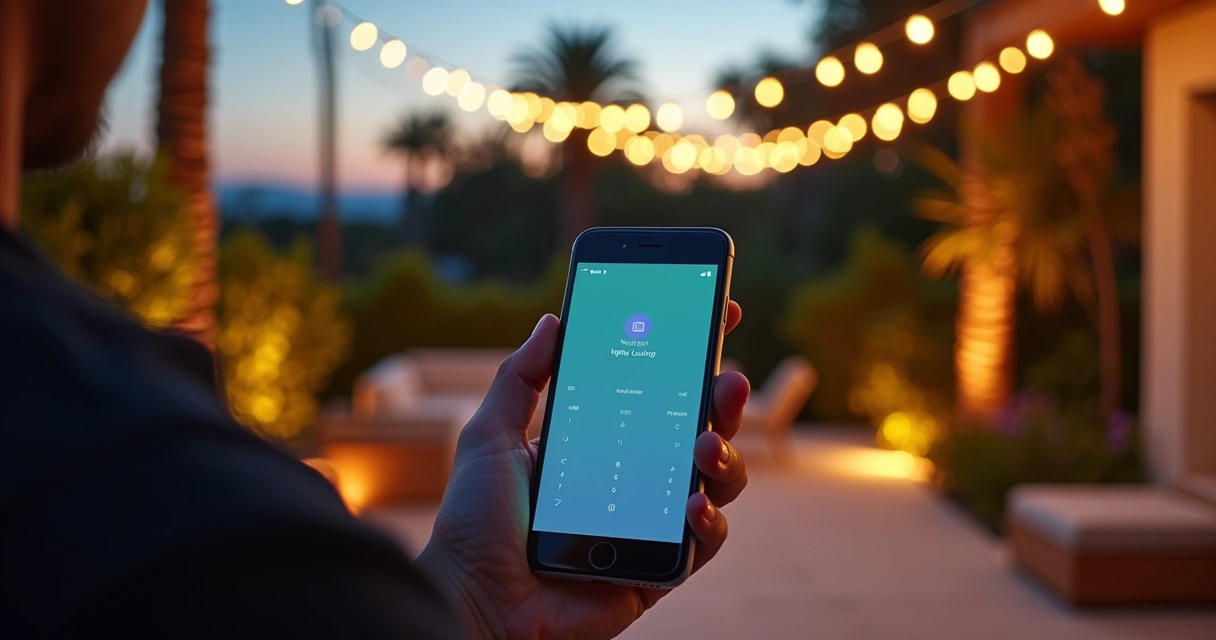 Hand holding phone controlling smart outdoor lighting at dusk, patio lights glowing 