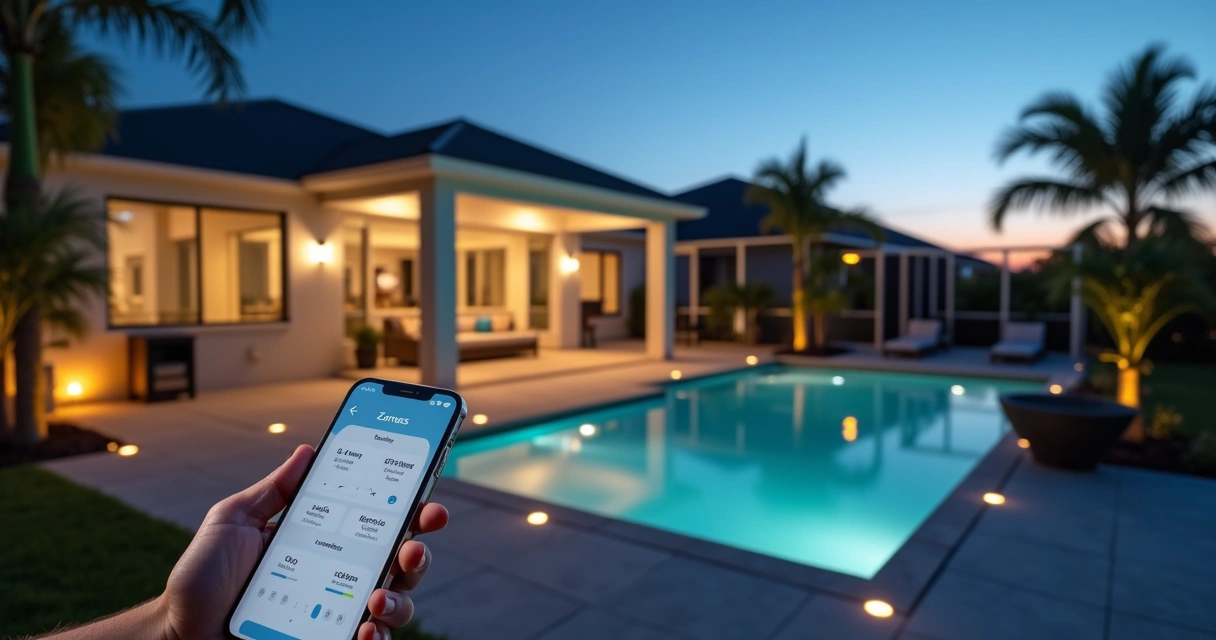 Modern Florida backyard with smart automated outdoor lighting at dusk 