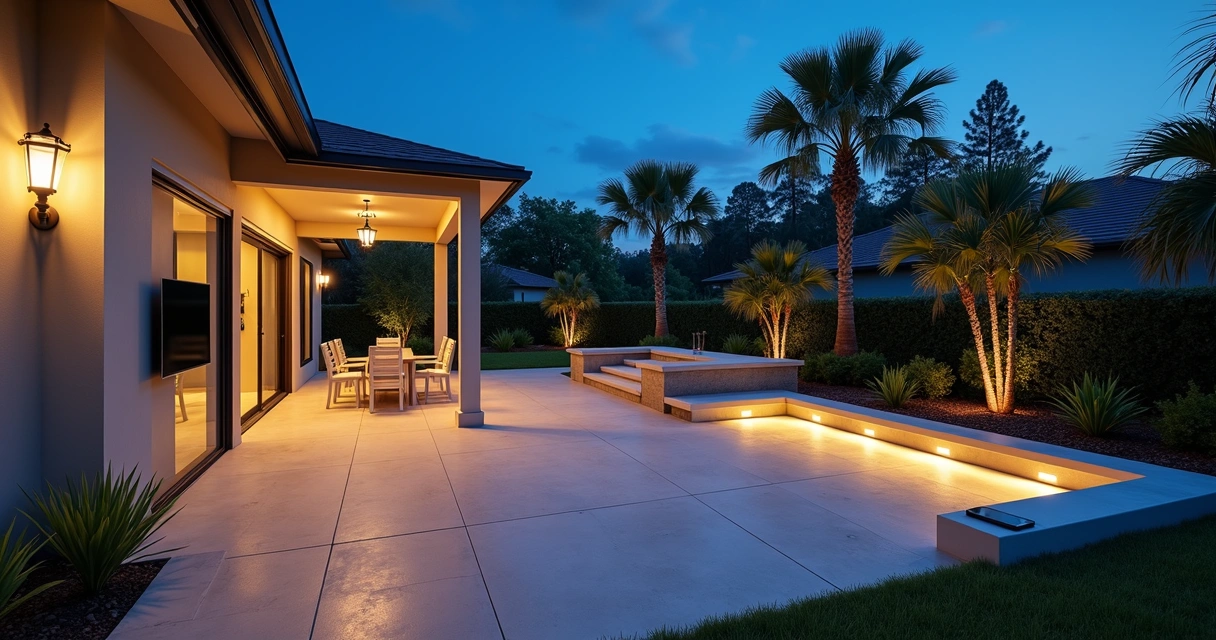 Modern Orlando patio with smart lighting and outdoor speakers at dusk 