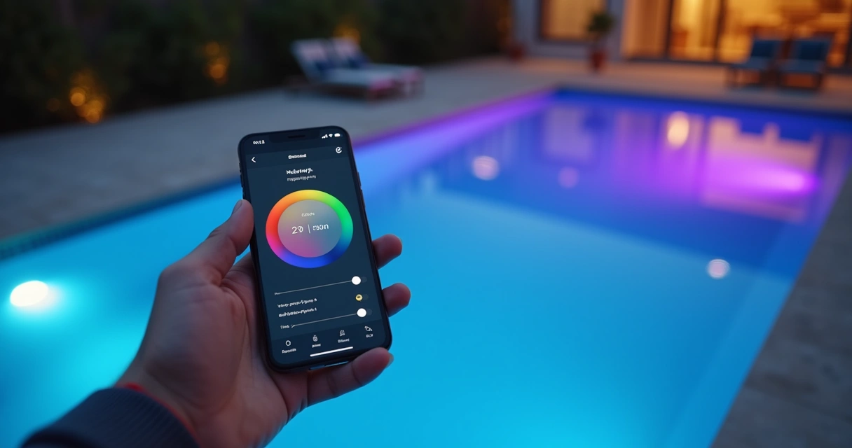 Phone controlling pool lights beside a lit swimming pool 