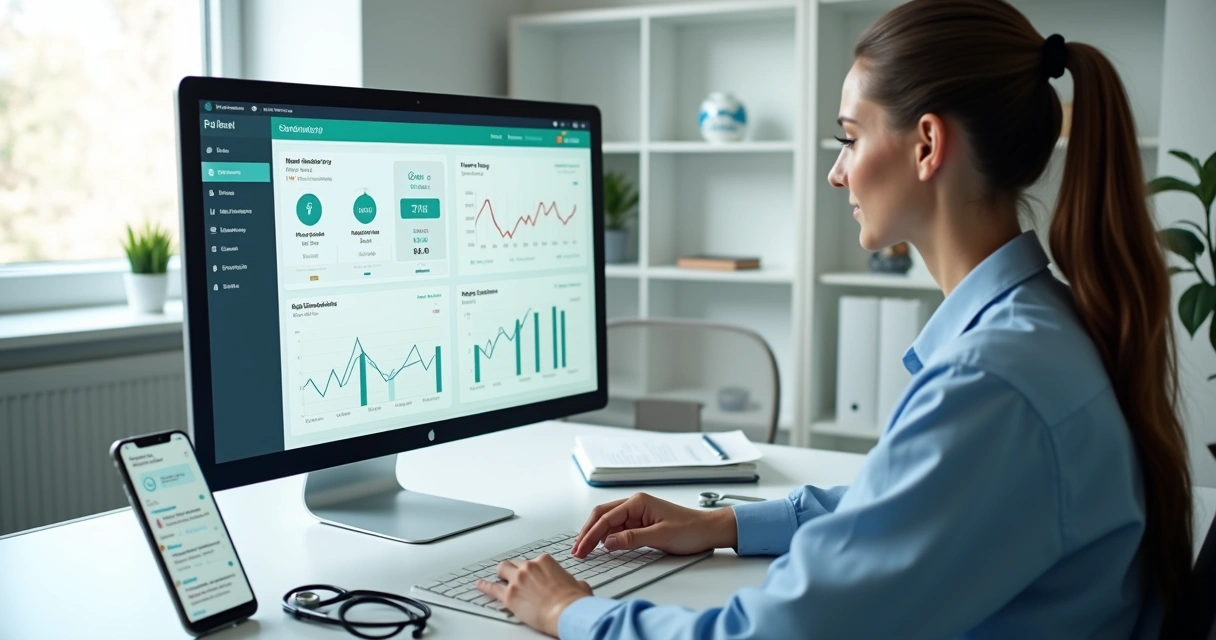 Nutricionista analisando dados de smart band em painel clínico no computador 