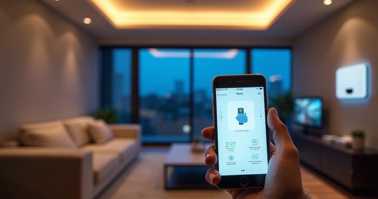 Pessoa controlando central de alarme JFL SmartCloud pelo smartphone em sala moderna 