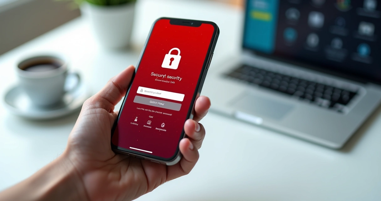 Smartphone com alerta de segurança em aplicativo bancário aberto na tela 