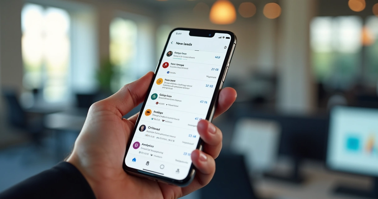 Mão segurando smartphone exibindo notificações de leads