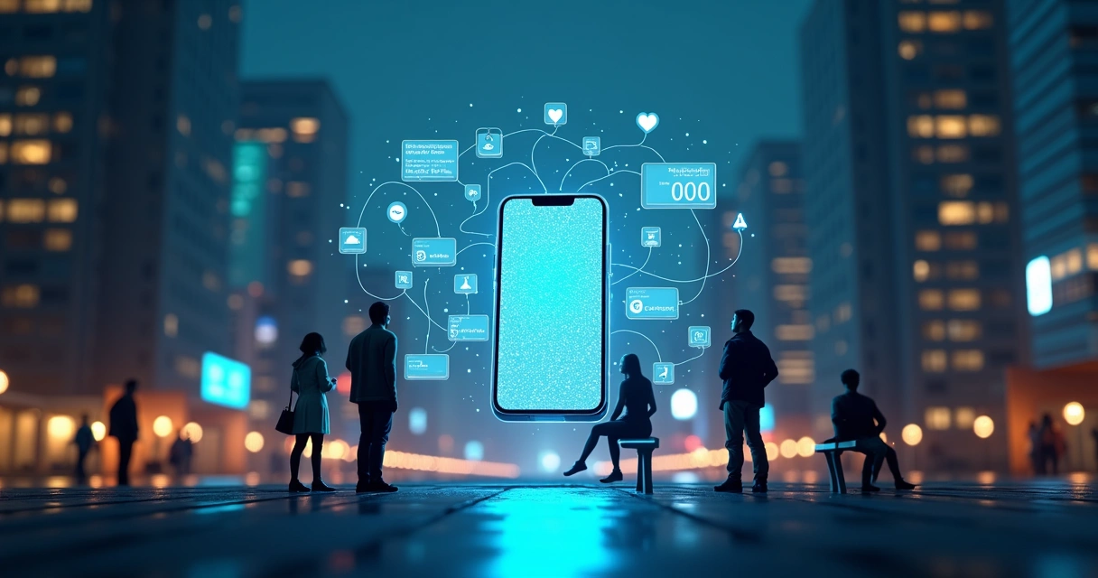 Smartphone mostrando blog PWA em alta velocidade com usuários interagindo em cards 