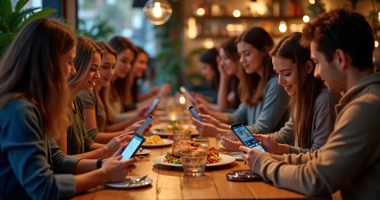 Clientes em mesa de restaurante acessando cardápio digital no celular 