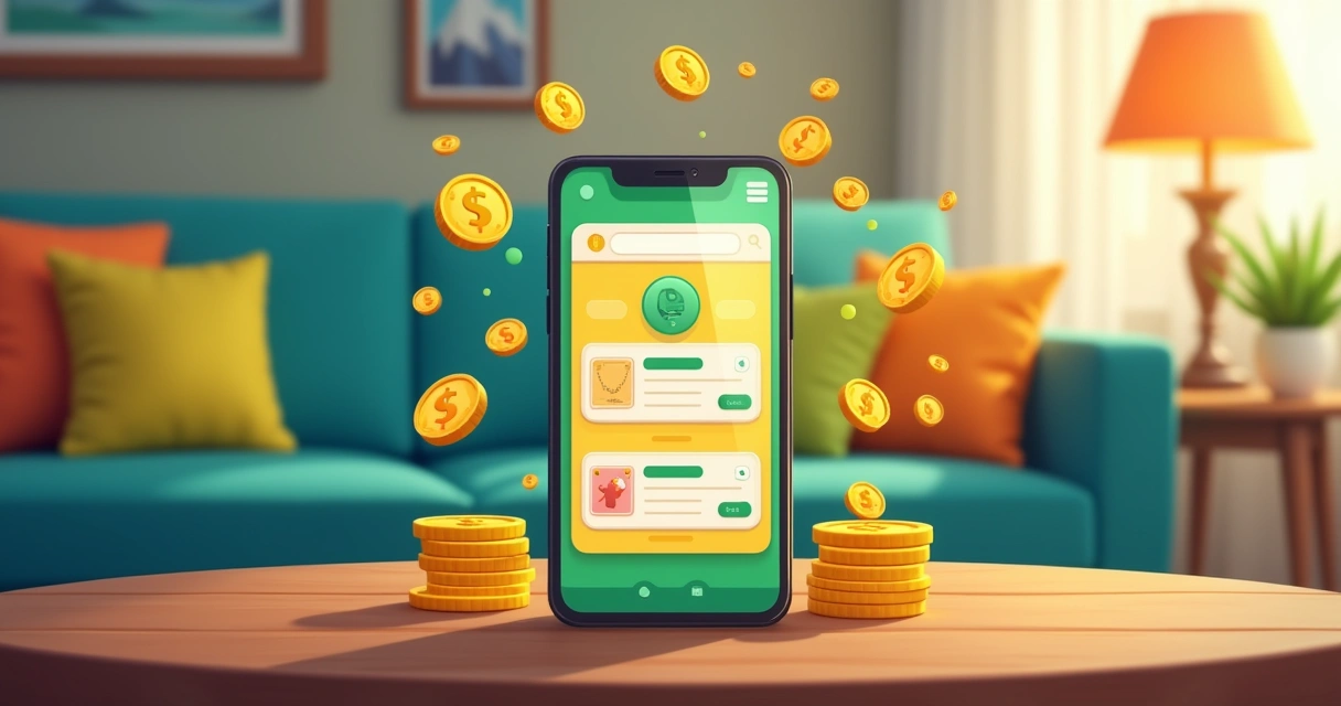 Ilustração de um smartphone mostrando o aplicativo Cash Giraff com ícones de dinheiro flutuando ao redor.