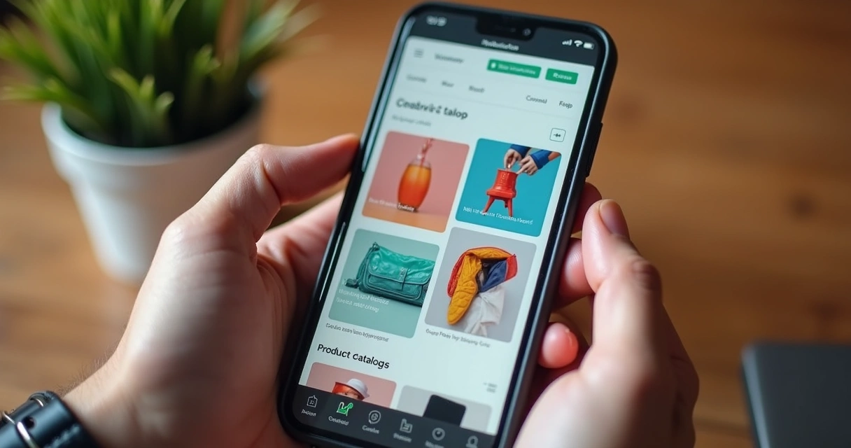 Pessoa usando aplicativo Canva no celular para criar catálogo de produtos 