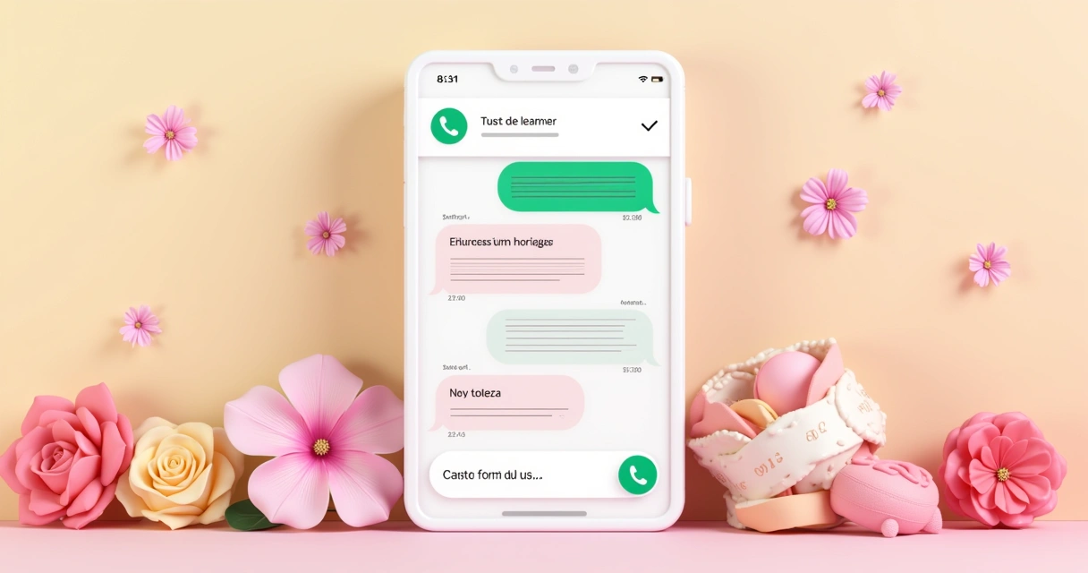 Ilustração de smartphone com chatbot do WhatsApp agendando horário para salão de beleza, com ícones de beleza ao redor.