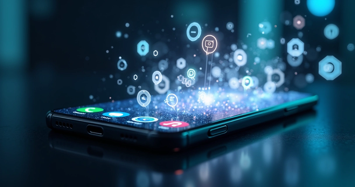 Smartphone emitting digital data streams surrounded by app icons and binary code 