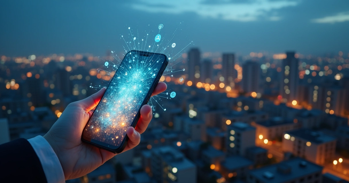 Smartphone in hand showing radiograph-style data leaking into city network 