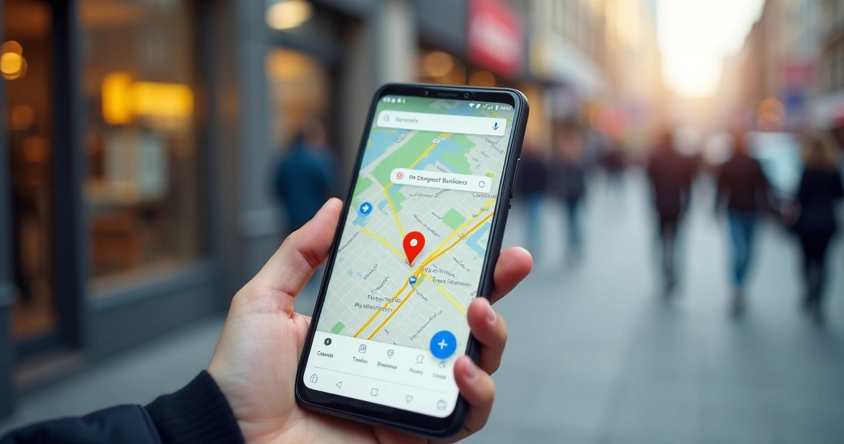 Smartphone exibindo localização de empresa física no Google Maps 