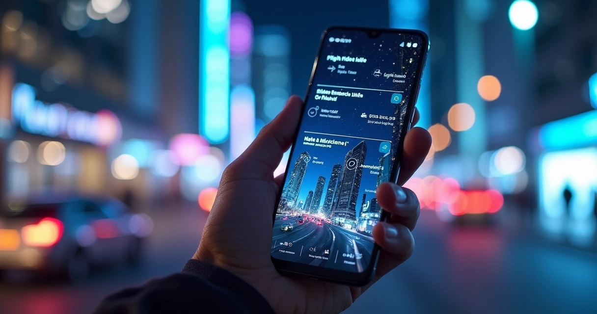 Smartphone futurista com interface de IA agêntica em cidade conectada 