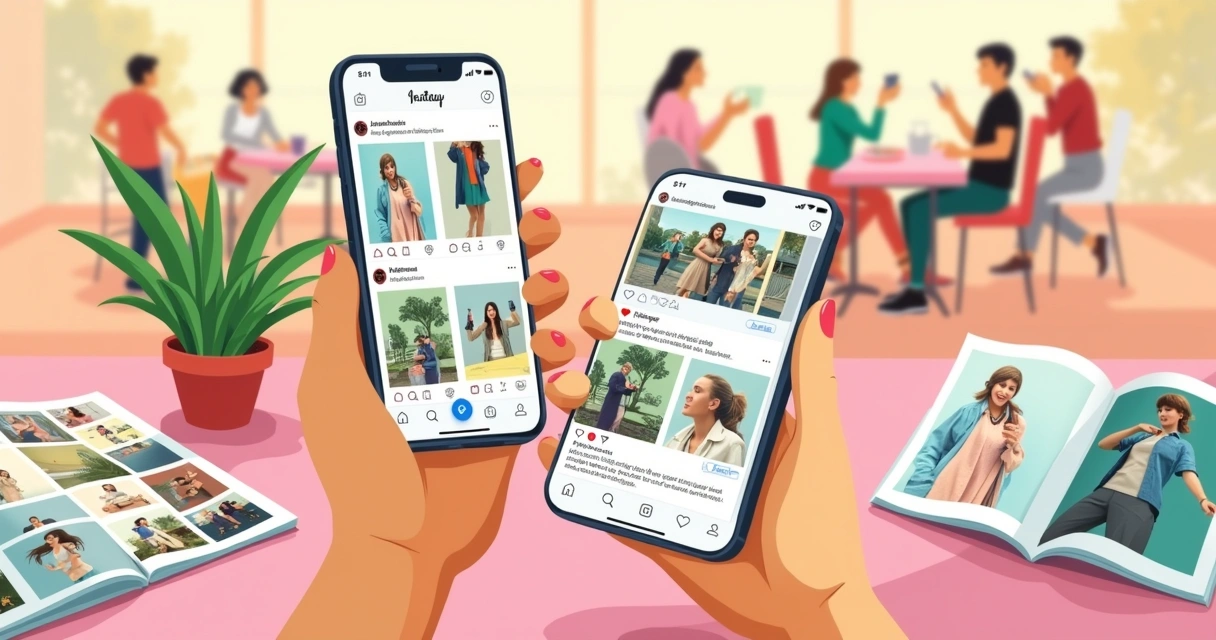 Smartphone showing vibrant Instagram fashion posts with magazines and plants in a café setting.