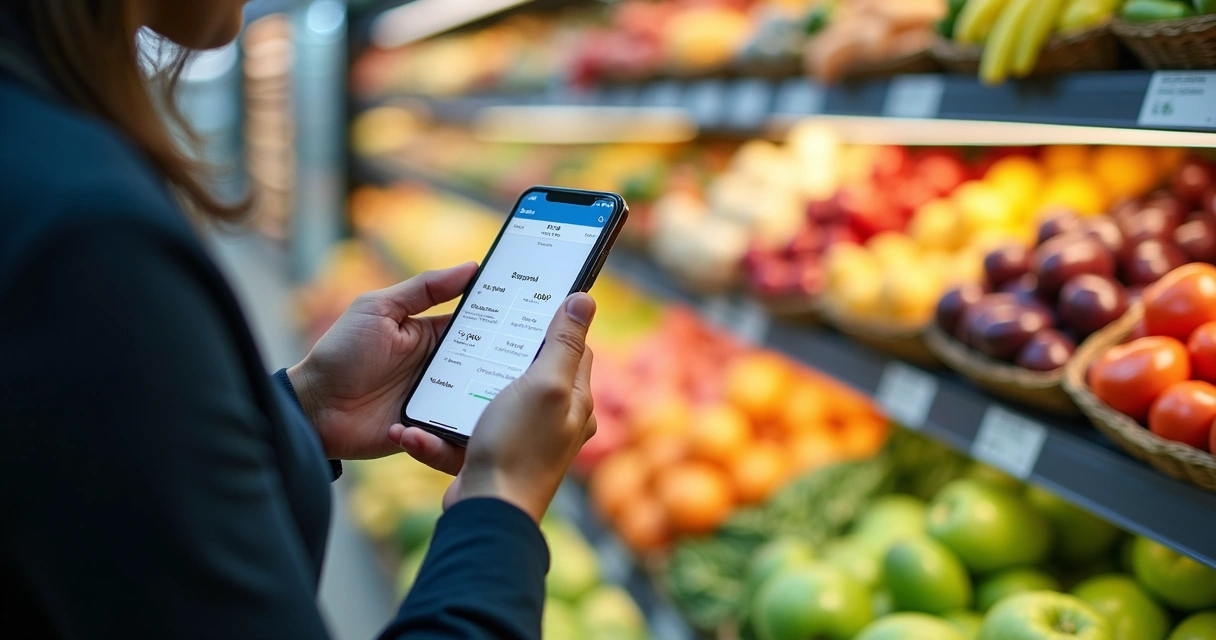 Pessoa comparando preços de supermercado com smartphone na mão 