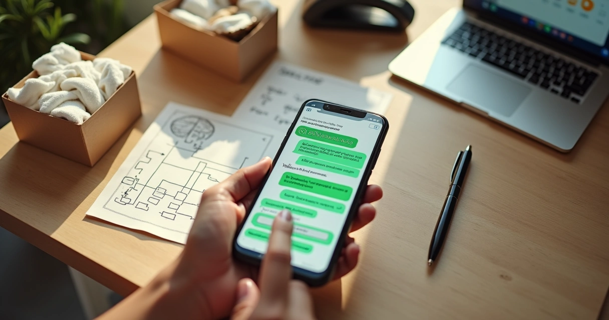 Vista superior de balconista configurando mensagens rápidas no WhatsApp em balcão de loja 