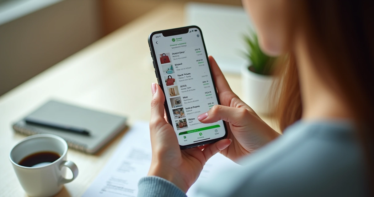 Mulher usando catálogo digital no WhatsApp Business 