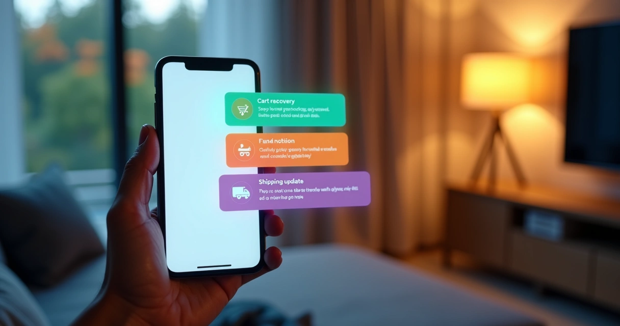 Mão segurando smartphone com várias push notifications personalizadas de loja virtual 
