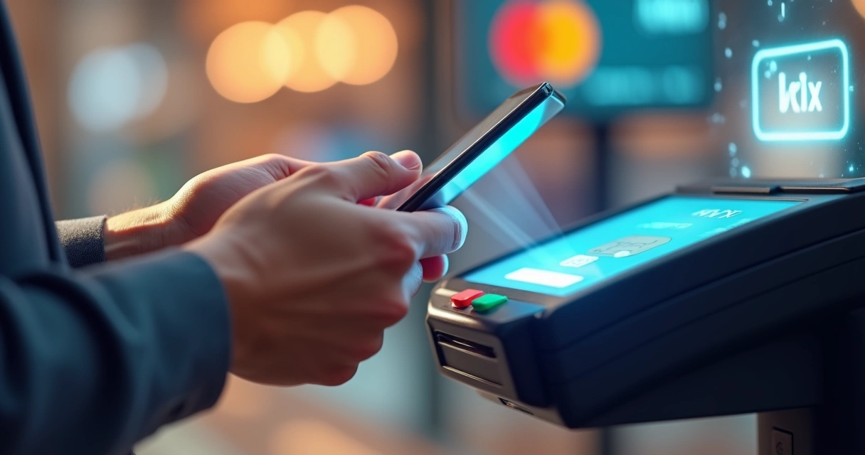 Pagamentos sendo realizados via smartphone próximo à maquininha 