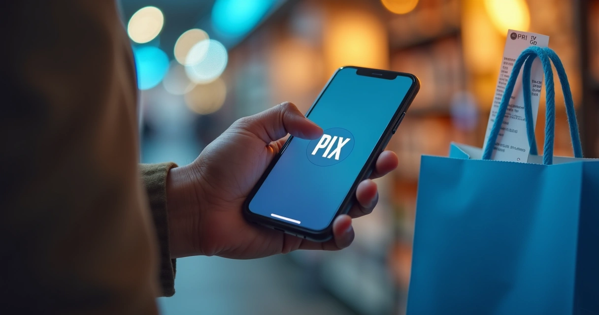 Pessoa usando smartphone para fazer pagamento instantâneo por Pix