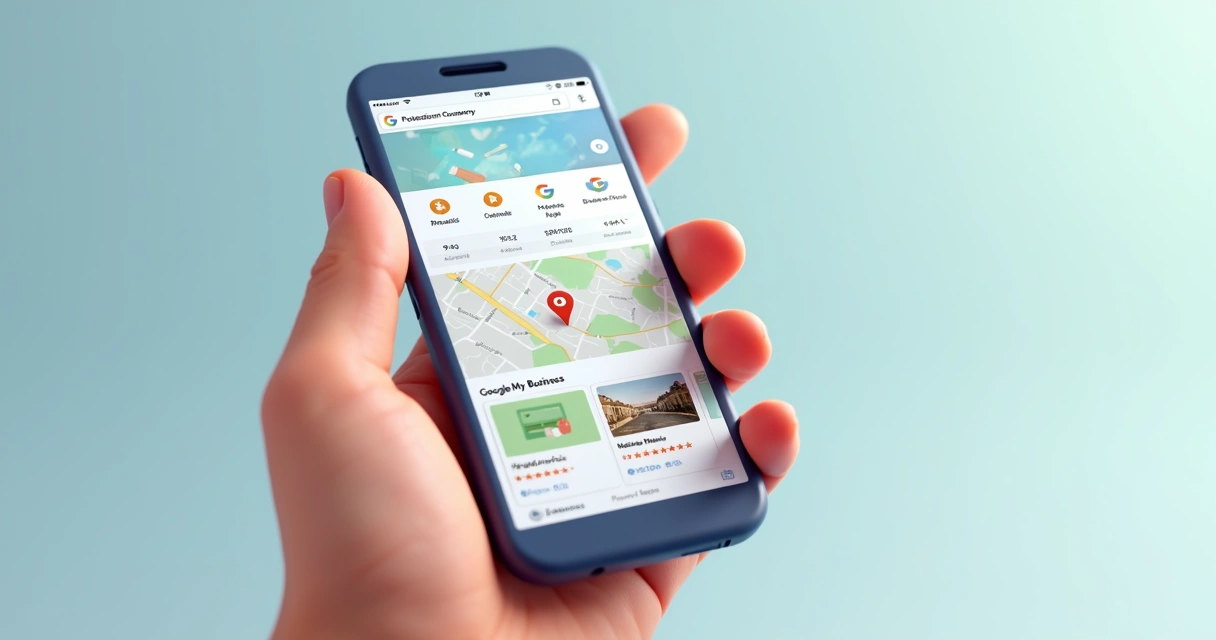 Pessoa segurando um smartphone exibindo um site de empresa e perfil no Google Meu Negócio 