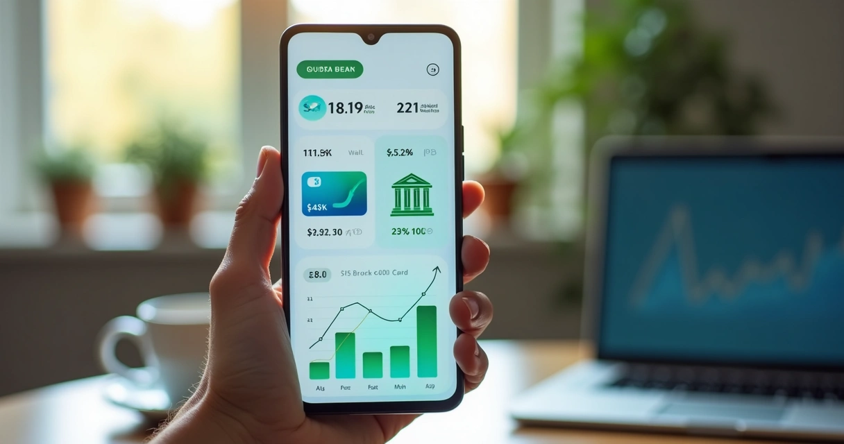 Smartphone exibindo aplicativo financeiro com gráficos, dados e ícones bancários 