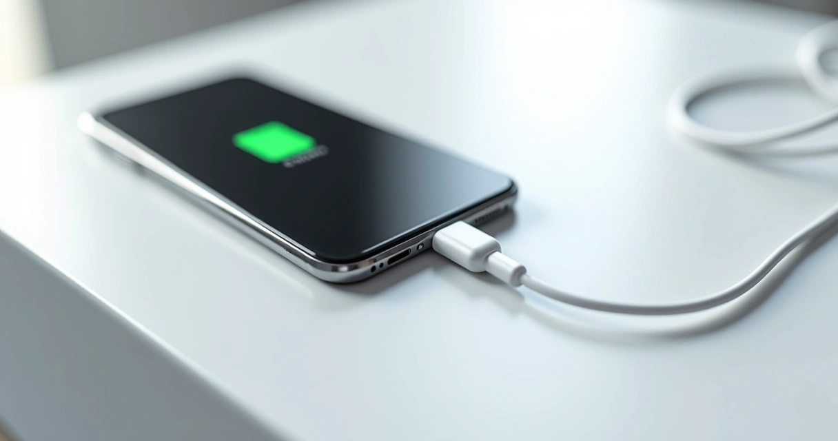 Smartphone sendo carregado por cabo USB-C em um fundo branco 