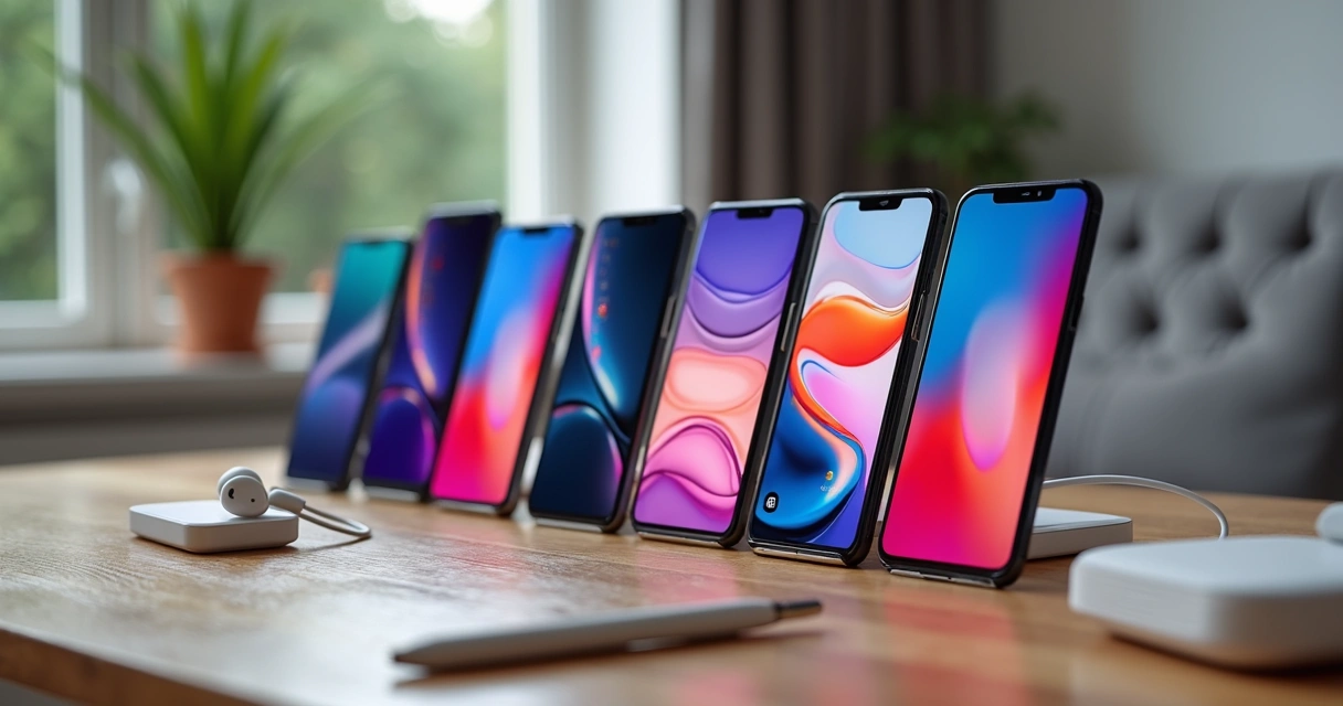 Vários smartphones modernos lado a lado em uma mesa, destacando opções custo-benefício 