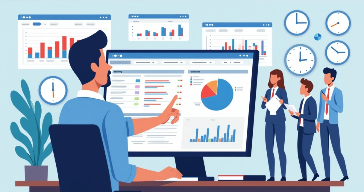 Colaborador usando visualização tipo planilha do Smartsheet em mesa de agência 