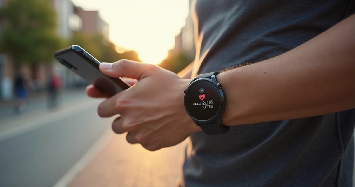 Pessoa usando smartwatch no pulso consultando notificações ao ar livre 