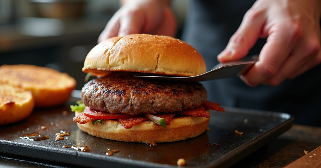 Smash burger sendo preparado na chapa 