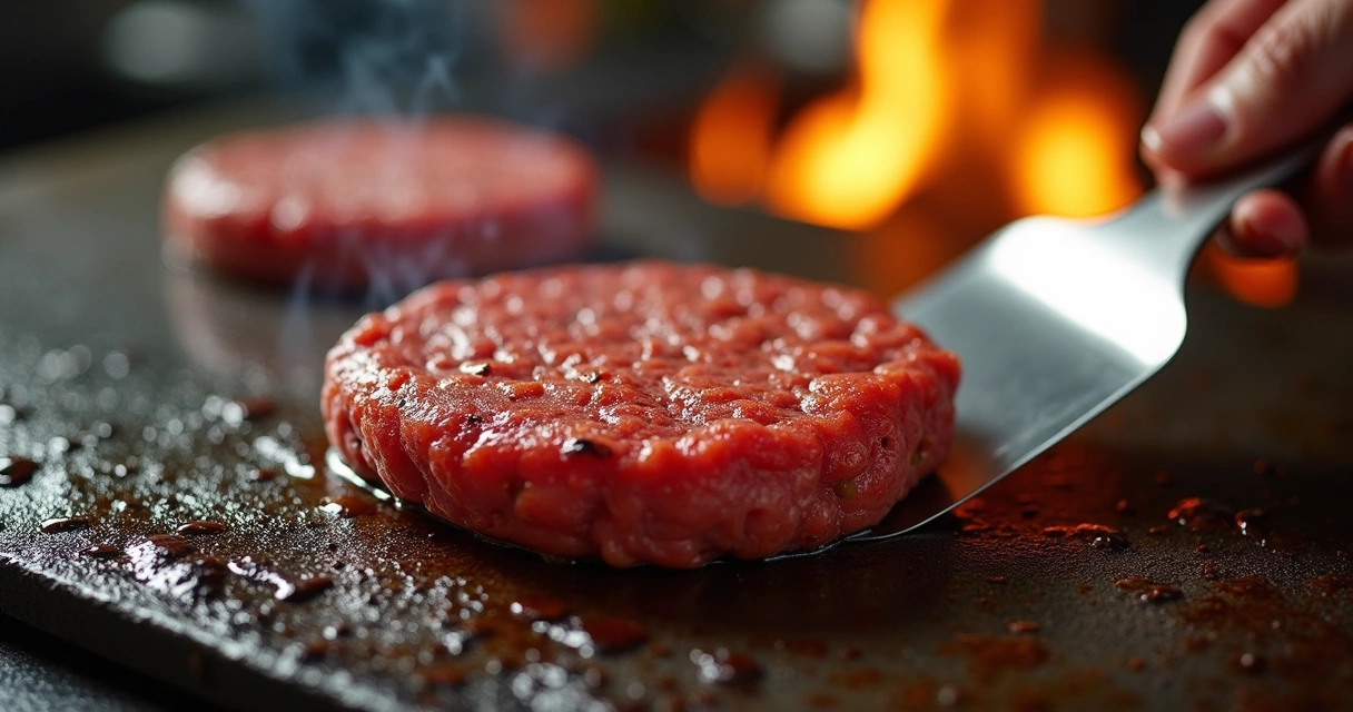 Hambúrguer smash burger sendo prensado na chapa quente formando crosta crocante 