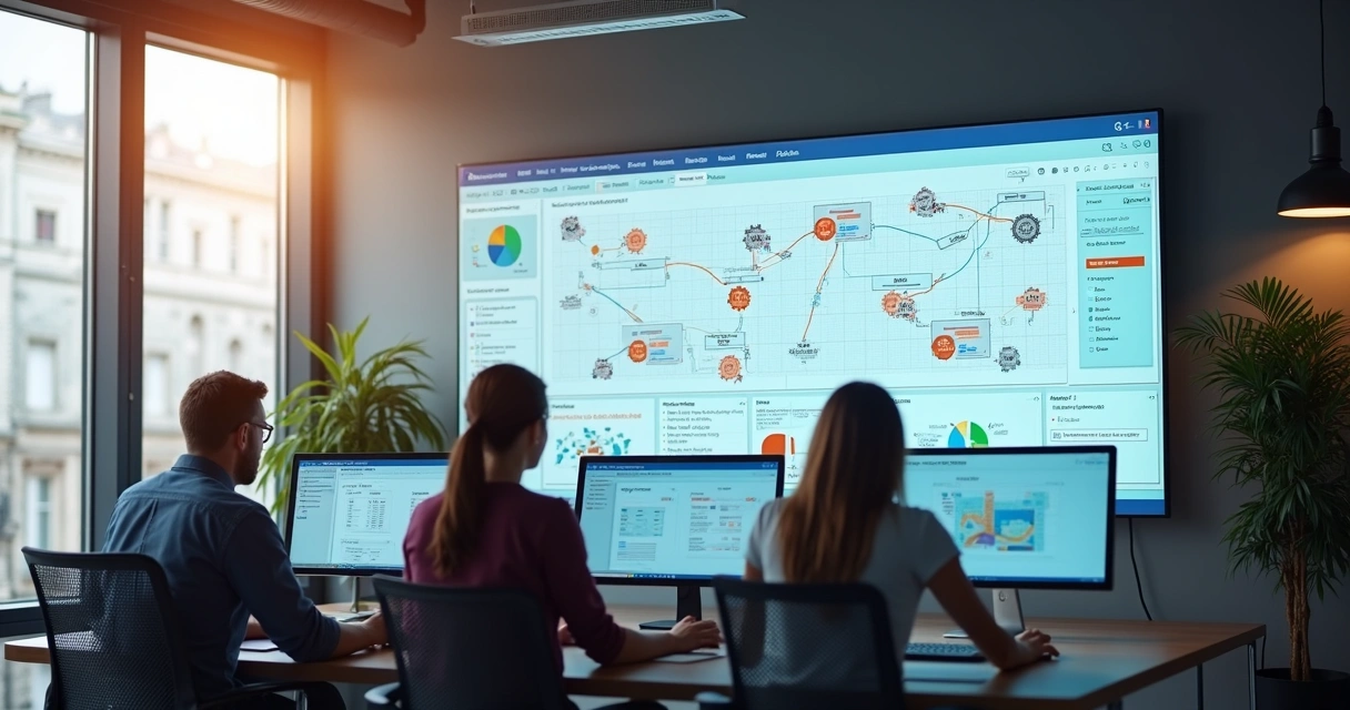 Office team working with automation systems on computers and a planning board 