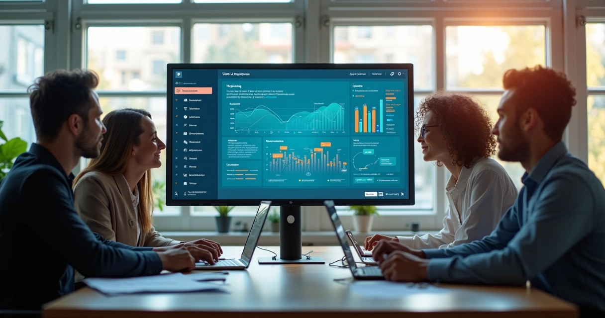 Team of SME professionals collaborating in front of an AI-powered CRM dashboard 