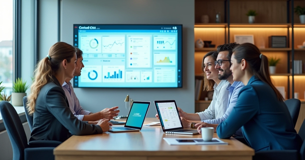 Business team in modern office collaborating around a CRM dashboard on a large screen 