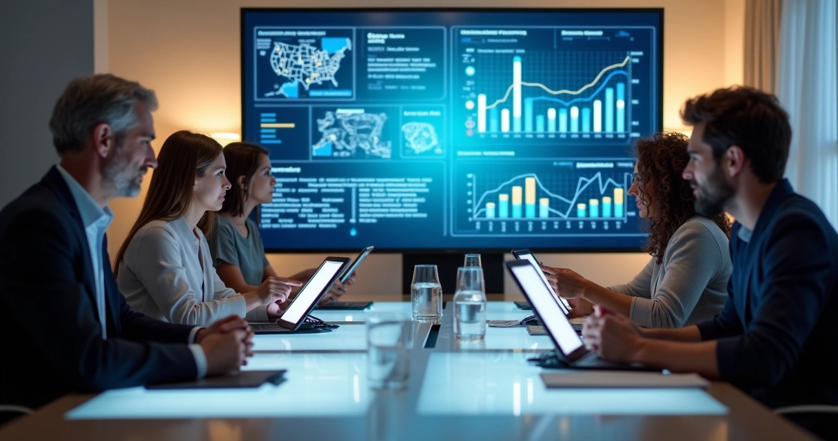 Team of SME professionals using tablets and digital charts during a strategy session 