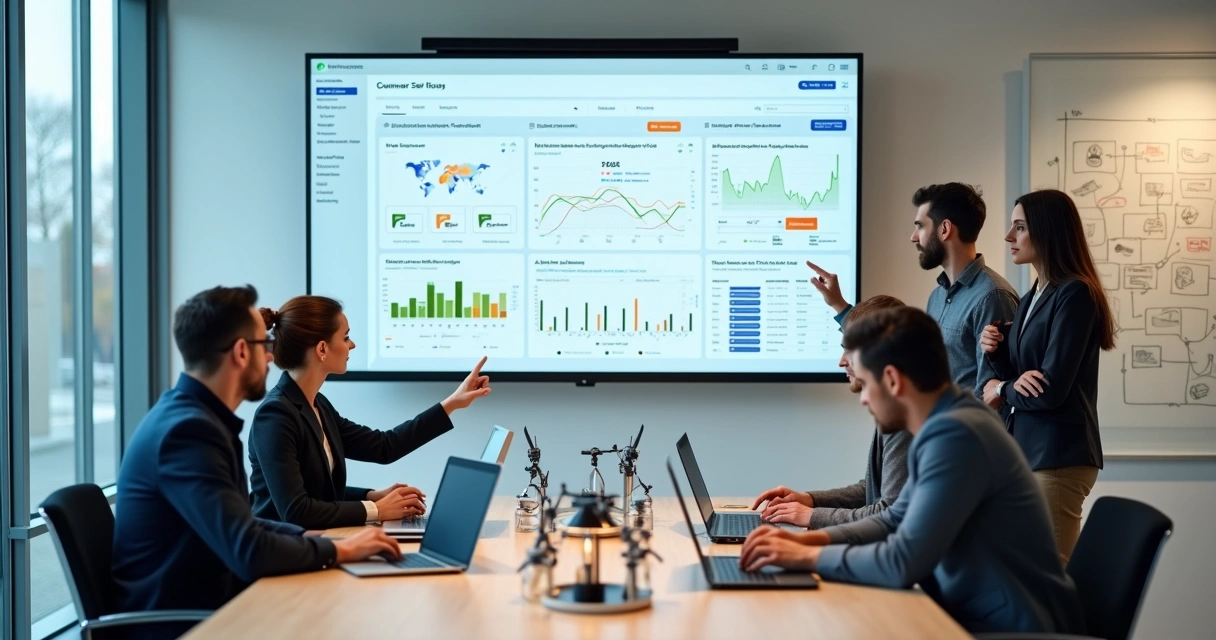 Team in modern European office collaborating around a large screen with internal tools dashboard 