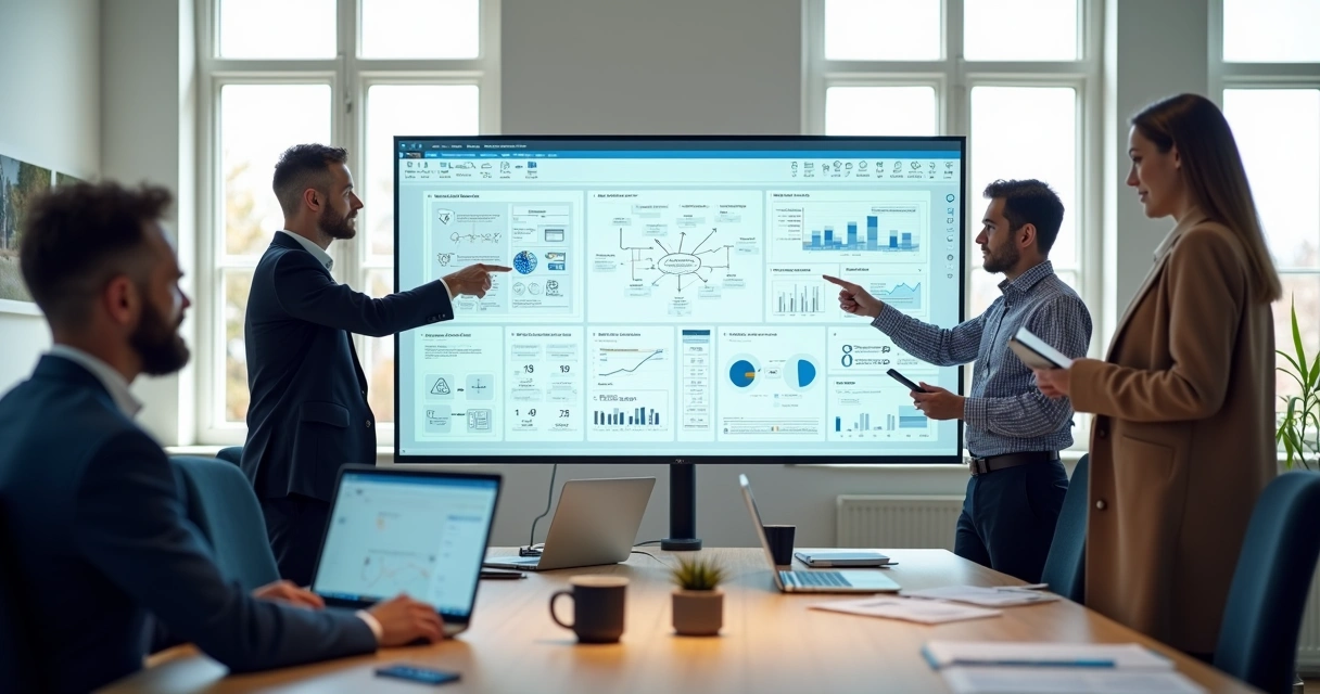 Team at a modern office collaborating around a large screen with an internal tools dashboard 