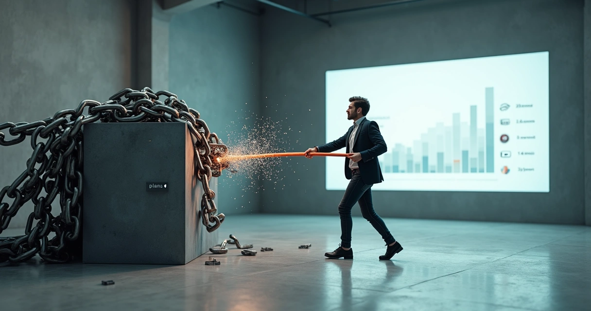 SME owner breaking chain of generic software icons in industrial space 