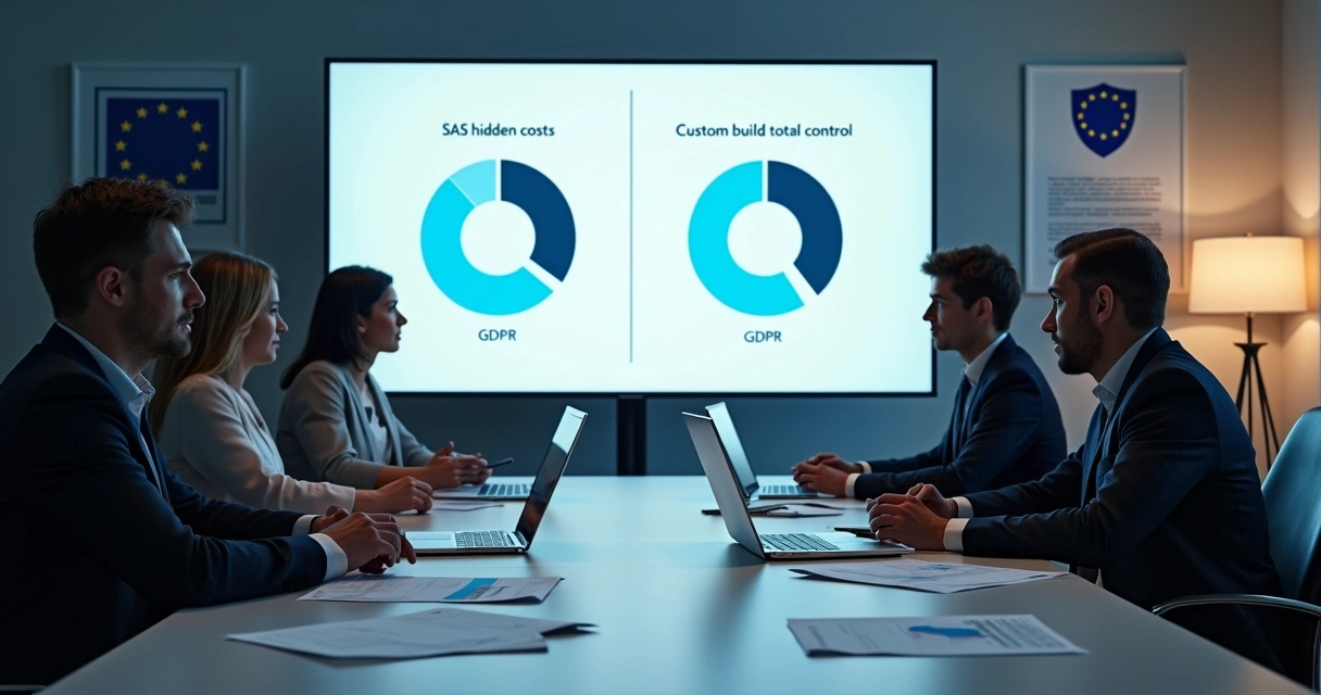 Illustrated SME team reviewing build vs buy decision with cost and compliance charts on screen 