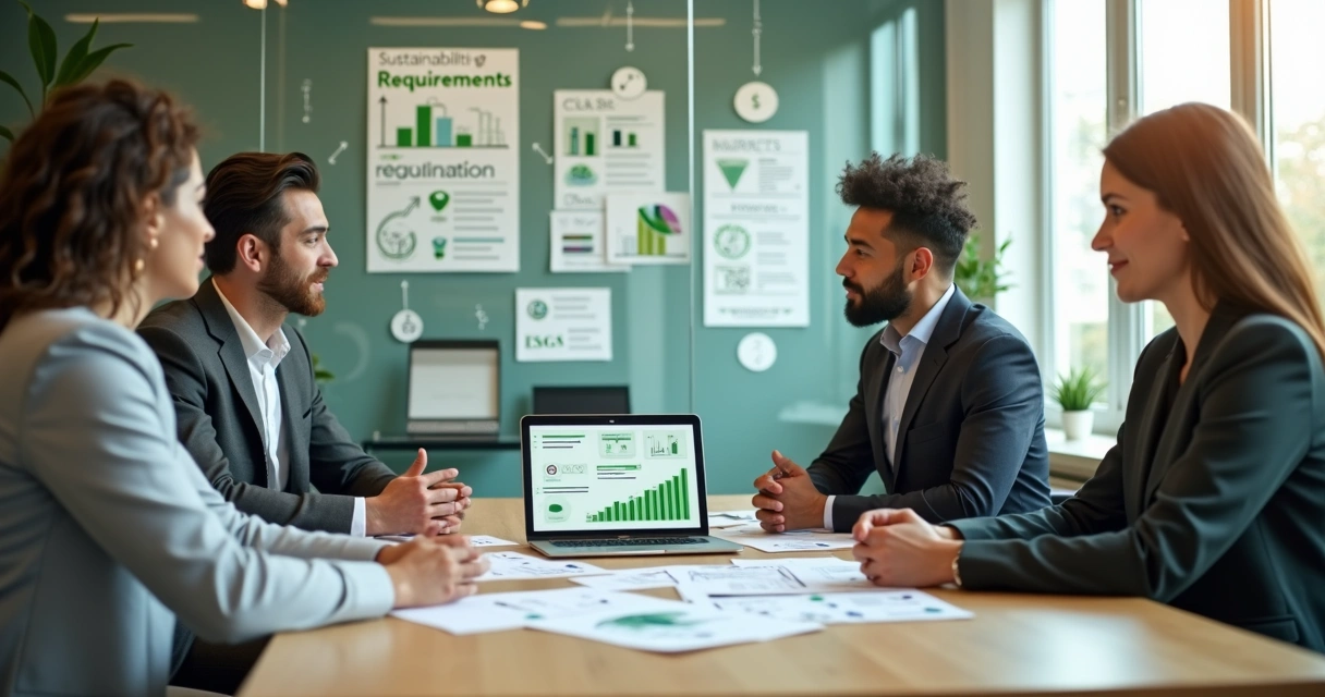 Small business team discussing sustainability strategy with green icons overlay 