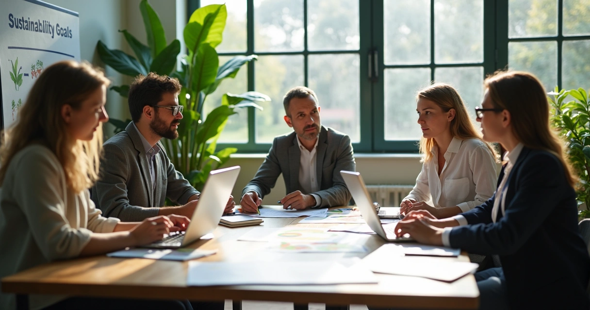 Small business team reviewing sustainability data at a meeting table 