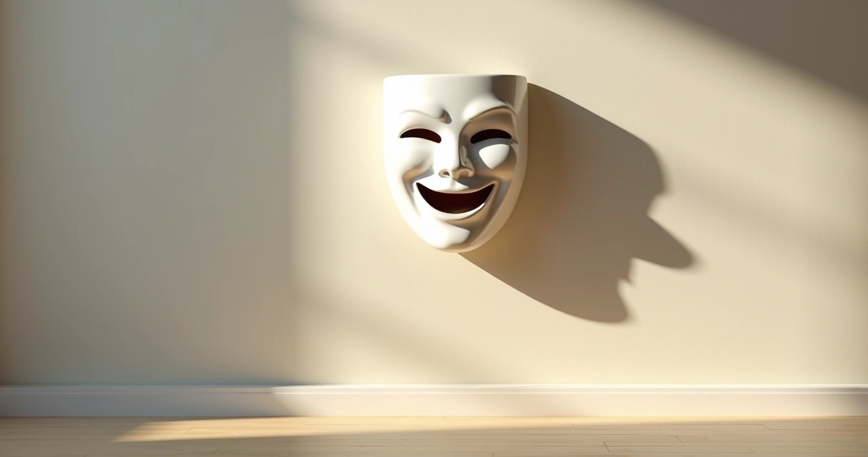 Smiling face mask casting a darker human shadow on a wall 