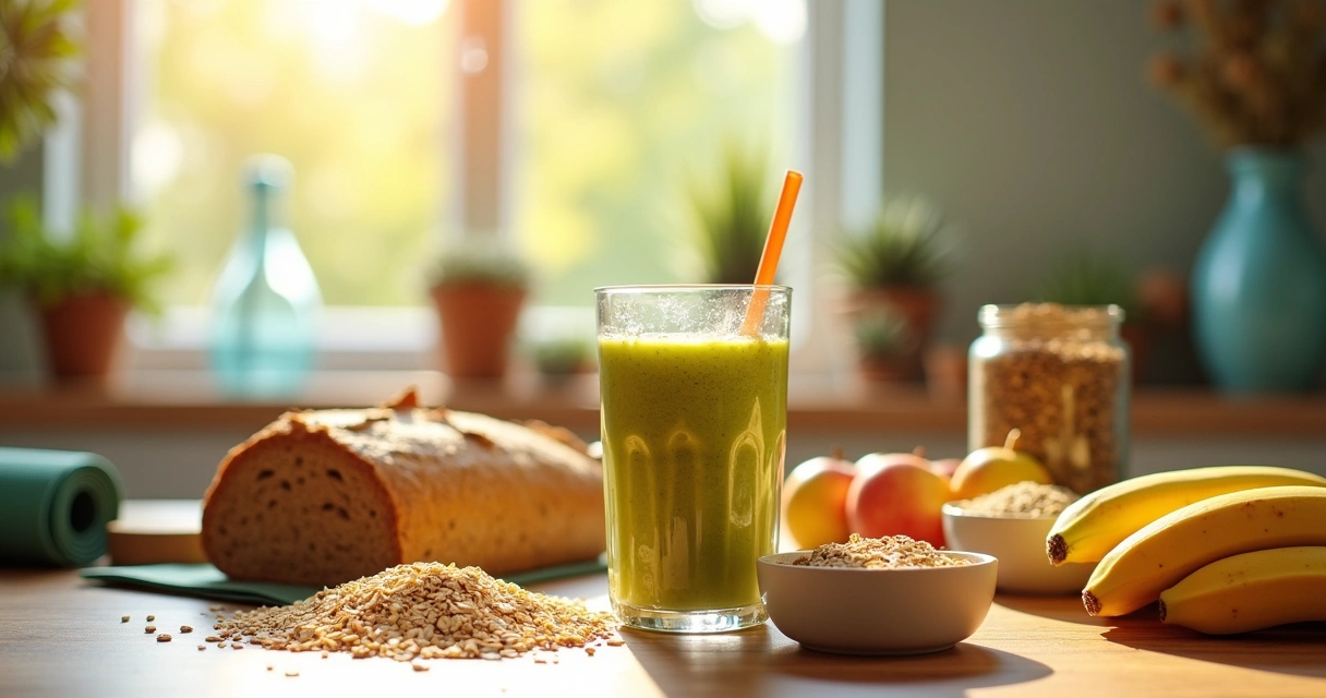 Cena vibrante de uma cozinha com smoothie de banana, pão integral, mel e frutas frescas em um balcão luminoso.