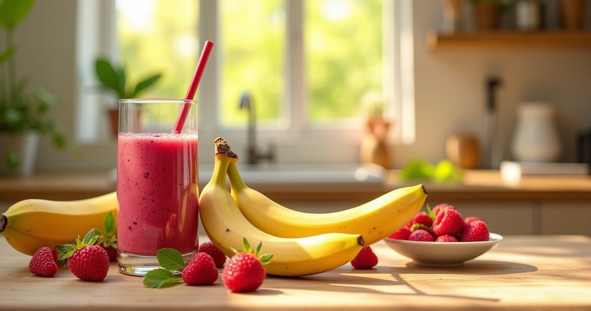 Receita de smoothie energético com banana, proteína em pó, espinafre e frutas frescas na cozinha.