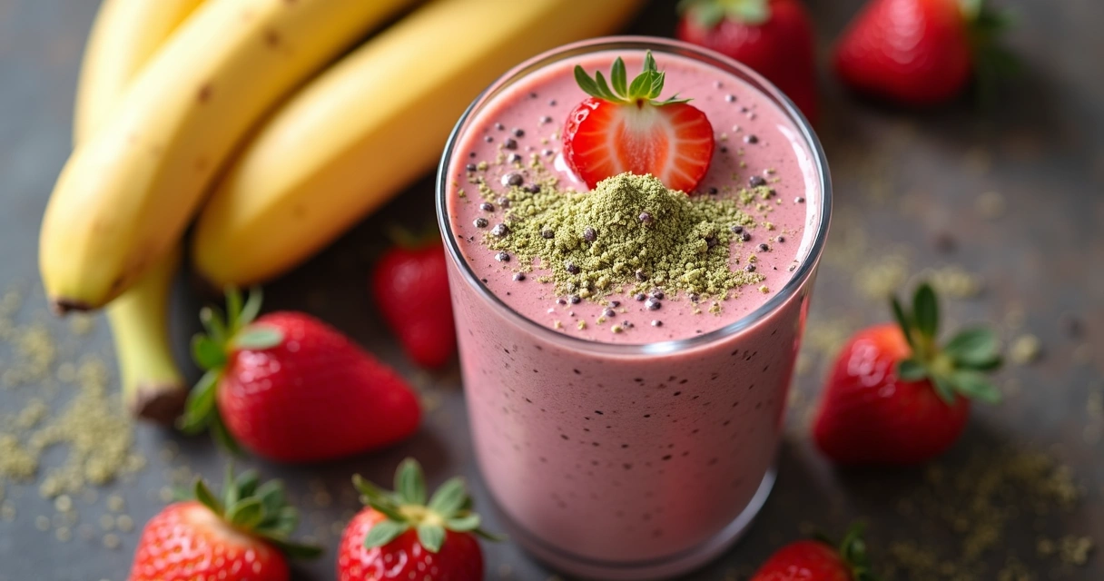 Copo de smoothie verde com moringa, frutas e sementes em fundo de madeira