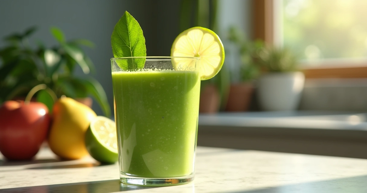 Smoothie verde servido em copo de vidro, decorado com folhas de moringa